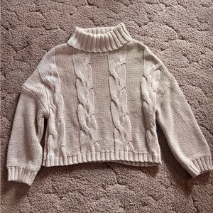 Elegant Cable Knit Turtleneck Sweater - Tan